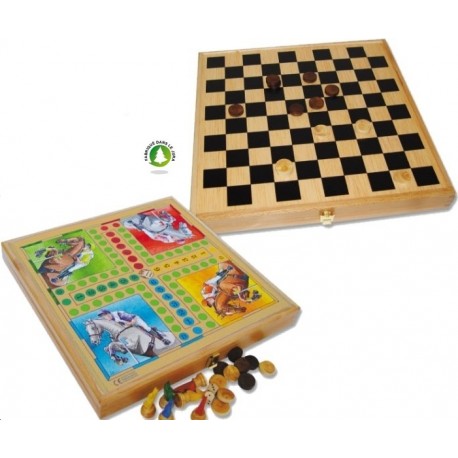 coffret 4 jeux de societe et jeu de cartes - pions en bois